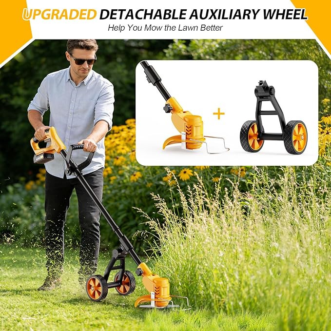 Electric Weed Wacker Cordless, Electric String Trimmer with 3 Types Blades & Removable Auxiliary Wheels, Brush Cutter & Grass Trimmer & Lawn Edger with for Garden Yard (YellowB)