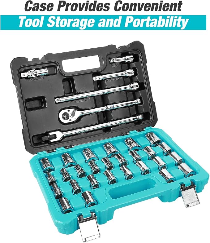 DURATECH 1/2" Drive Socket Set, 33-Piece Metric & SAE Tool Set | Includes Ratchet, Breaker Bar, Extension Bars & Sockets for Automotive Repair and DIY Projects