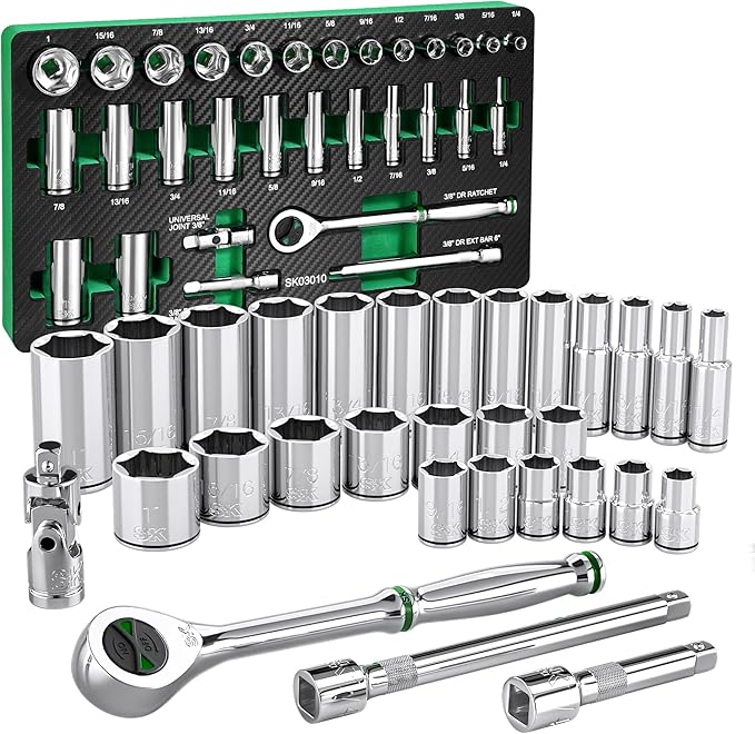 SK 3/8" Drive Socket Set with 160-P Ratchet, SAE, CR-V Steel | 30-Piece Sockets, SuperKrome Finish, Heat Treated, with EVA Foam Tool Organizer