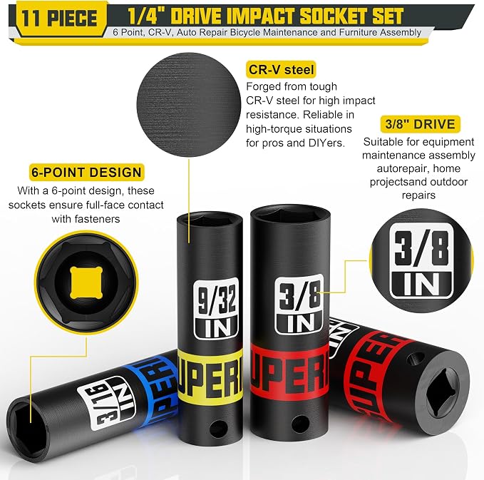 11 Piece 1/4" Drive Impact Socket Set, 5/32" - 9/16" Deep Socket, SAE, 6 Point, CR-V, Auto Repair Bicycle Maintenance and Furniture Assembly
