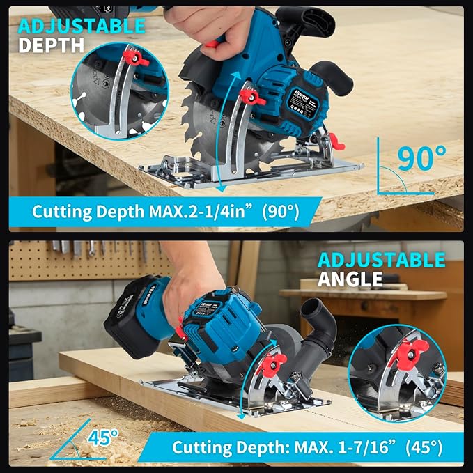 6-1/2" Cordless Circular Saw,21V Brushless Hand Circle Saw with 2 x 6.0Ah Battery & 3 Blade,5500 RPM Sierra Circular electrica 0-45° Cutting Bevel,Max Cutting Depth 2-1/4"(90°),1-7/16" (45°)
