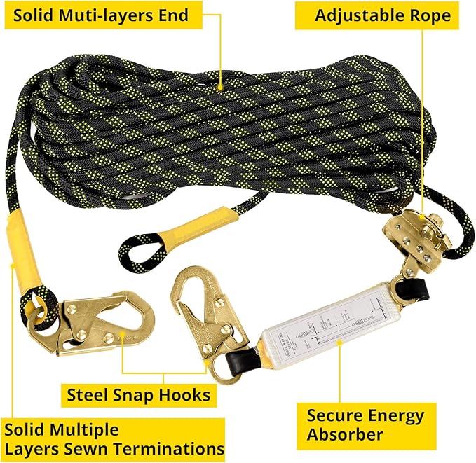 TRSMIMA Rope Harness Safety Lanyard：25ft Roofing Rope Fall Protection | Vertical Safety Harness Rope With Grab Snap Hooks Shock Absorber - Tree Climbing Line Kit Heavy Duty Safety Equipment ANSI CE