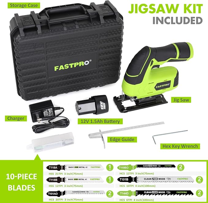 FASTPRO 12V Cordless Jig Saw Kit, Electric Jigsaw with 10pcs Blades & Edge Guide, Included 1.5 Ah Battery, Charger and Storage Case