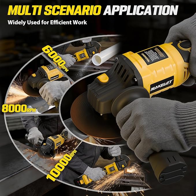 Cordless Angle Grinder 4-1/2 Inch, Brushless Grinder Tool Kit, 2 x 21V 4.0Ah Batteries, 10000RPM Cordless Grinder, Cut Off Tool for Metal Cutting, Grinding, Polishing, Rust Removal (Yellow)