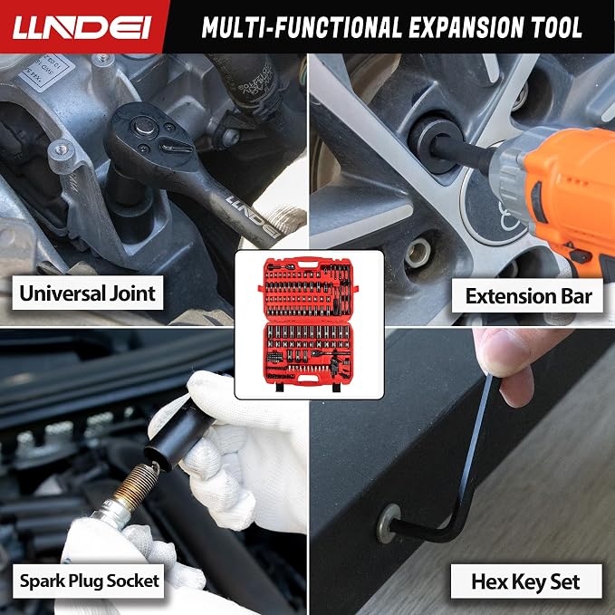 LLNDEI 1/4 & 3/8" Drive Impact Socket Set 186Pcs SAE/Metric | CR-V Deep & Shallow Sockets, Ratchet, Spark Plug Socket, Bits, for Auto Repair Shop, Garage, Engine Rebuilding & DIY Projects