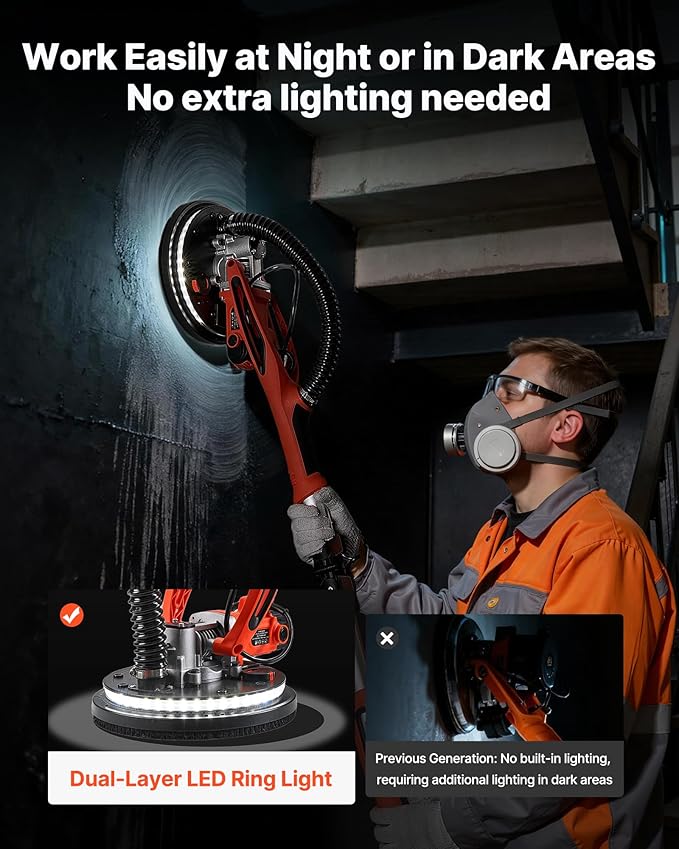 VEVOR Drywall Sander, 850W Electric Drywall Sander, Popcorn Ceiling Removal Tool with 5 Variable Speed 800-1700 RPM, Double-Deck LED Light, Foldable & Extendable Handle, 15 Sanding Discs, Dust Hose