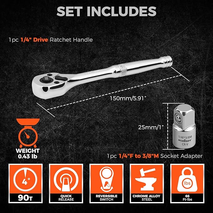 HORUSDY 1/4" Drive 90-Tooth Quick-Release Ratchet Handle with 1/4" to 3/8" Adapter, Reversible Thin Profile Socket Wrench, 4° Swing Arc, Ergonomic Anti-Slip Grip, Ideal for Auto, Bike & Home Repair