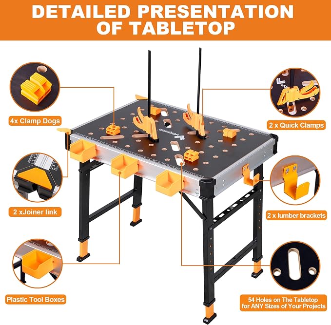WORKESS Portable Workbench 1000Lbs Capacity 2026 Upgraded Adjustable 5 Level Height Heavy Duty Folding Work Table with 2 Quick Clamps, 4 Bench Dogs, 3 Tool Boxes for Garage Easy Storage