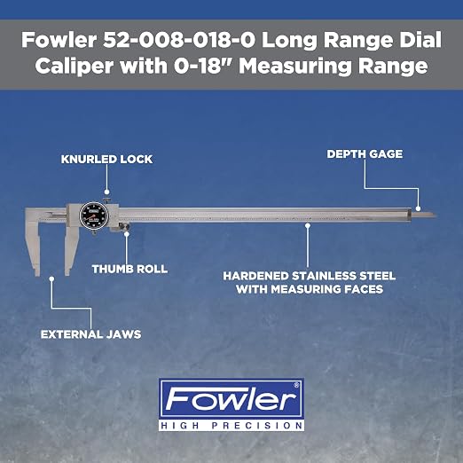 Fowler 52-008-018-0 Long Range Dial Caliper with 0-18" Measuring Range,Silver / White