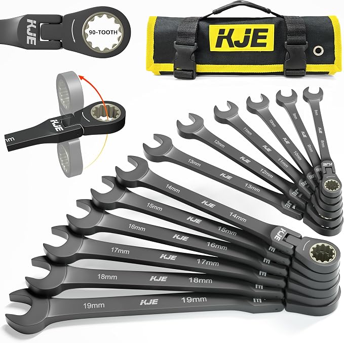 KJE 90-Teeth Metric 180° Flex-Head Ratcheting Wrench Set, Cr-V Steel, 12-Piece Metric 8-19mm Combination Wrenches set, Nickel Plating, with Organizer Bag, for Auto, Machine Repair, Gift