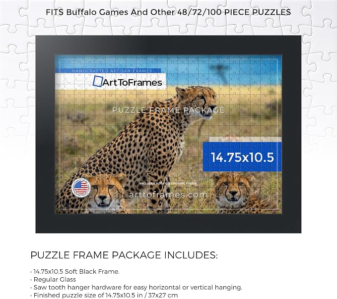 ArtToFrames Puzzle Frame for Buffalo Games 48, 72, 100 Piece Jigsaw Puzzles, 14.75x10.5 Inch (37x27 cm), Soft Black Engineered Wood with Regular Glass, Ready to Hang Puzzle Display