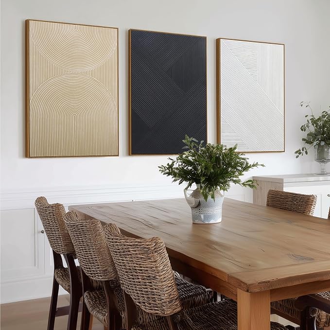Neutral Textured 3D Wall Art Boho Abstract Hand-Painted Framed Wall Decor Minimalist Geometric Artwork Paintings- Living Room Bedroom Office - Modern Boho Black White Neutral Line 16"x24" 3 piece