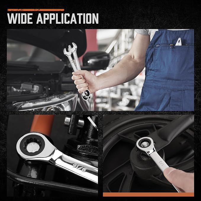 HORUSDY Combination Ratchet Wrenches Set with SAE | 8 Pieces Wrench Set with Wrench Organizer | 72-Tooth | 5° Swing Arc | 1/4" - 11/16" | Chrome Vanadium Steel