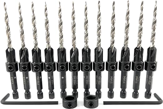 FTG USA 12 Pc #8 (11/64") Countersink Drill Bit Set with Depth Stop Collar, Hex Wrench - Tapered Drill Bits for Wood