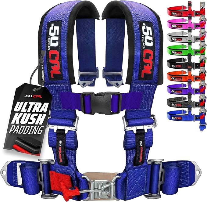 1pc 50 Cal Blue 4 Point Harness 2" straps, Racing Harness Seat Belt | Ultra Kush padding, Push Button quick release hardware. Universal Fit for UTV, RZR, race car