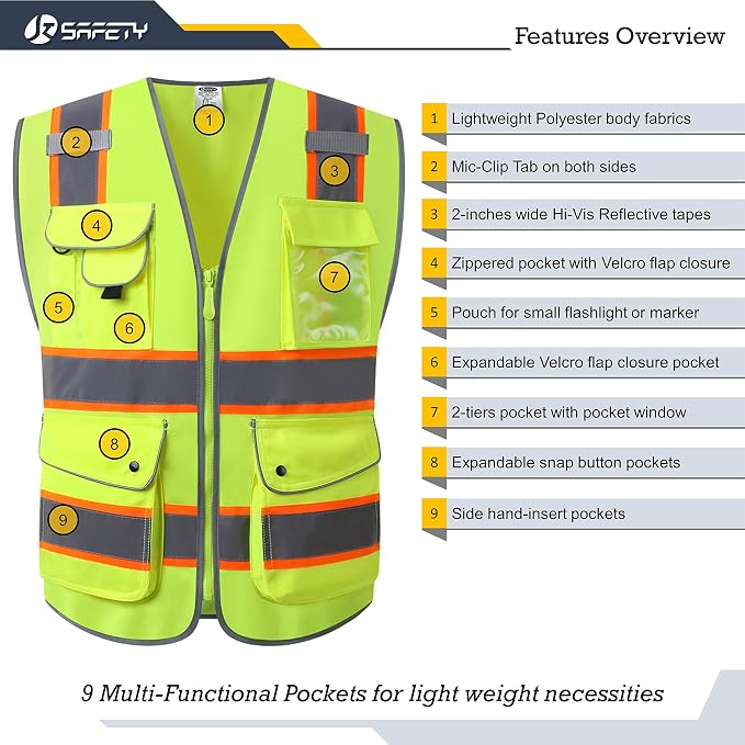 JKSafety 9 Pockets Hi-Vis Neon Yellow Color Zipper Front Safety Vest with Fluorescent Orange Extend Edge outlining the Reflective Tapes Meet ANSI/ISEA Class 2 Standard (901-Yellow, 3X-Large)