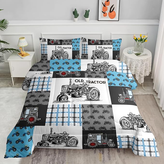 Axolotl Tractor Comforter Set King Size,Cartoon Truck Car Comforter Set for Boys,Farm Excavator Bedding with Old Tractor for Kids Boys Teens Adults,All Season,1 Quilt 2 Pillowcases