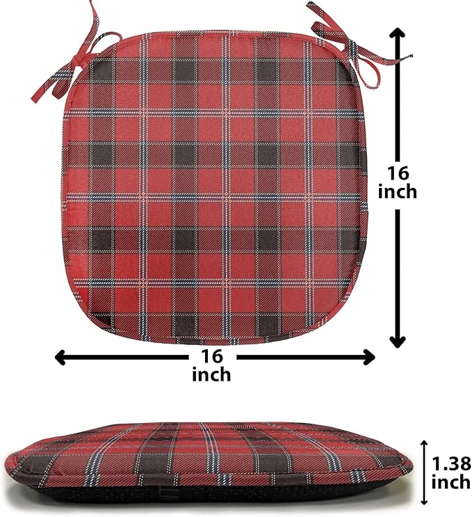 Lunarable Buffalo Plaid Chair Seating Cushion Set of 4, Arrangement with Lumberjack Themes Geometric Concept Pattern Print, Anti-Slip Seat Padding for Kitchen & Patio, 16"x16", Vermilion and Grey