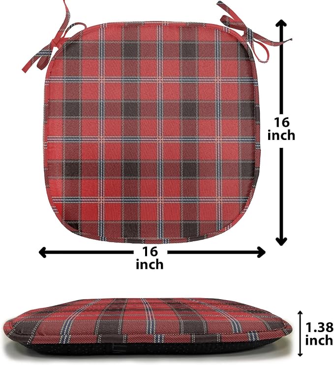 Lunarable Buffalo Plaid Chair Seating Cushion Set of 12, Arrangement with Lumberjack Themes Geometric Concept Pattern Print, Anti-Slip Seat Padding for Kitchen & Patio, 16"x16", Vermilion and Grey