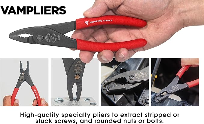 VAMPLIERS 5-Piece Screw Extractor Pliers Set. High Carbon Steel Stripped Screw Removal Tools. Made in Japan: 8" Linesman Pliers, 7.5" Long Nose, 7" Slip-Joint, 6.25" & 5" ESD Safe Grip Pliers.