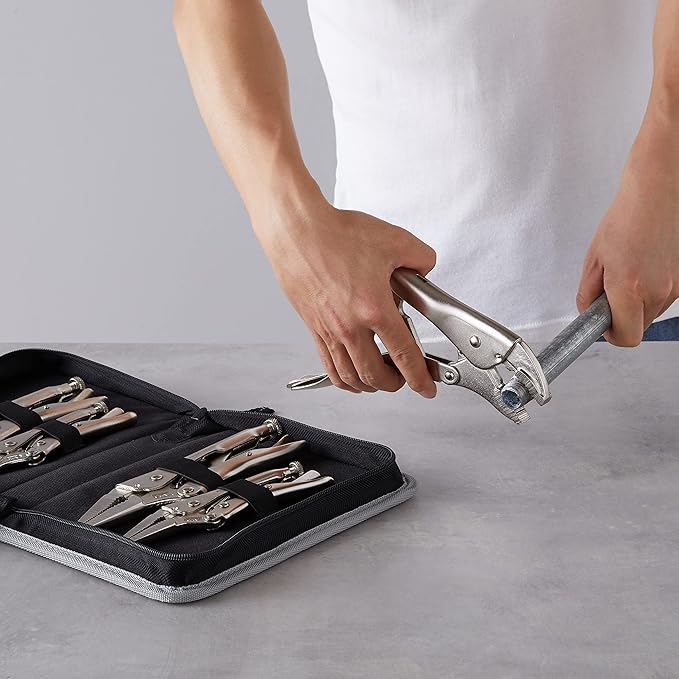 Amazon Basics 5-Piece CR-V Locking Pliers Set with Wire Cutters, 2 Straight Jaw, 3 Curved Jaw, 6.5-10 inch, Silver, Carrying Case