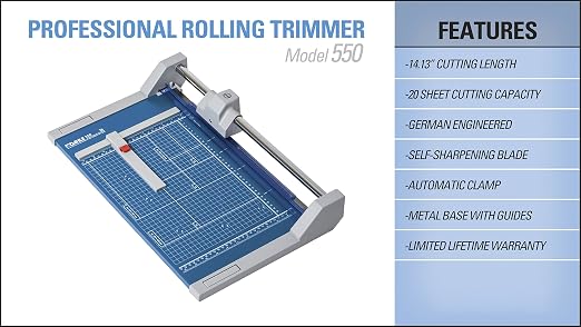 Dahle 550 Professional Rolling Trimmer, 14-1/8" Cut Length, 20 Sheet Capacity, Self-Sharpening, Automatic Clamp, German Engineered Paper Cutter