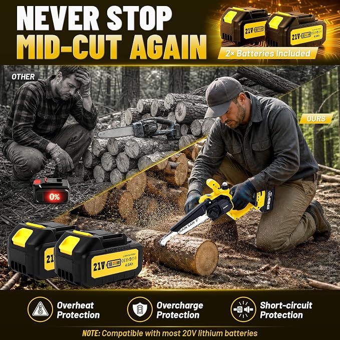 2-in-1 Cordless Pole Saw & Mini Chainsaw, 8-Inch Brushless Electric Tree Trimmer, 2 x 4.0Ah Batteries, Up to 16 Ft Reach, LED Light, Battery Powered Pole Saw for Tree Trimming & Branch Cutting