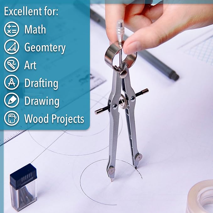 Mr. Pen- Professional Compass for Geometry, Extra Lead, Metal Compass Drawing Tool for Students, Drafting and Engineering, Technical Drawings, Circles and Geometry Projects