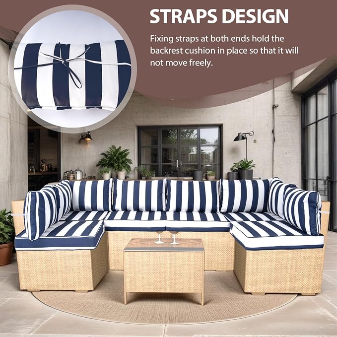 14 Piece Outdoor Furniture Replacement Cushions, Cover+Filling, 25.6" x 25.6" x 4" Foam Waterproof Outdoor Sofa Cushion Sets, Fit Wicker Rattan Sectional Conversation Set, Blue White Stripe