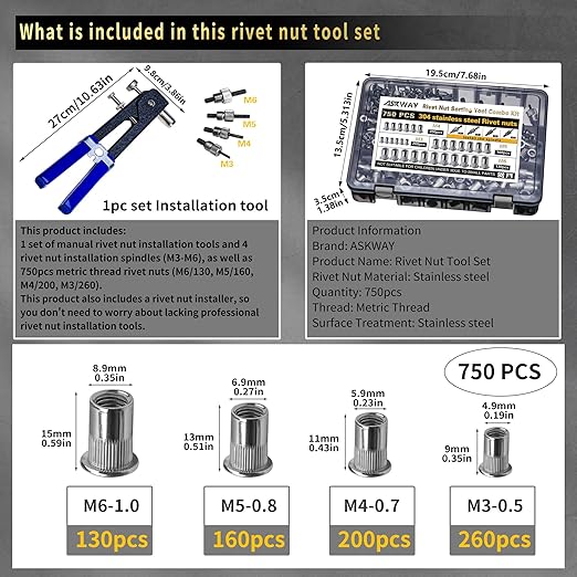 ASKWAY Stainless Steel Rivet Nut Tool Kit 750 Pcs 304 Stainless Steel Rivet Nut Combination, Suitable for Furniture, Decoration, Automotive, Marine and Industrial Applications