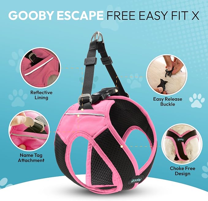 Gooby Escape Free Easy Fit X Step-in Dog Harness, Flamingo Pink, X-Large | Patented escape-free, tightens on back-out; Choke-free X-frame + V-neck; Quick-release buckle; Reflective trim