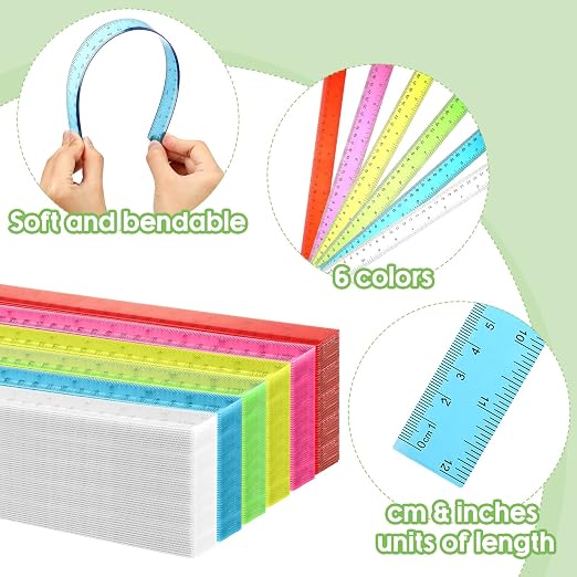 Fumete 144 Pack 12 Inch Plastic Rulers Bulk for Classroom Supplies Flexible Transparent Assorted Color Ruler with Centimeters and Inches for Office Teacher Student