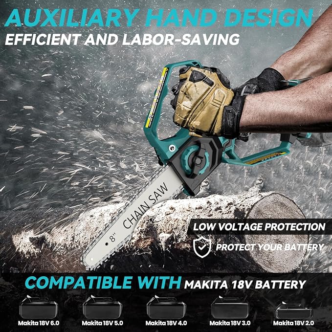 Mini Chainsaw for Makita Battery, 8-Inch and 6-Inch 2-IN-1 Cordless Electric Chain saw with Brushless Motor and Auto-Oiler, 800W Hand Mini Chainsaw for Tree Pruning Wood Cutting(No Battery)