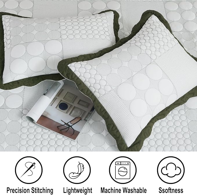Cmfshape Geometry Embroidery Quilt Set,3 Pieces King Size Quilt Bedding Set,Classic Geometry Pattern Quilts,Ultra Soft Lightweight Reversible Bedspread Coverlets for All Season(Dark Green,104"x90")