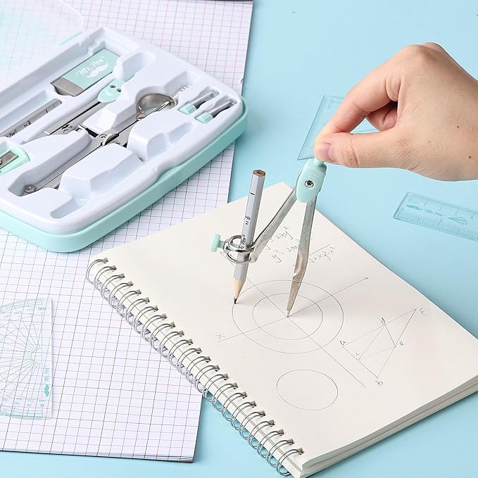 Mr. Pen- Geometry Set, 13 pcs, 3 Metal Compasses, Protractor, 6" Ruler, 45° & 30°/60° Set Squares, Pencils, Lead Refills, Sharpener & Eraser for Math, Drafting & Classroom Use