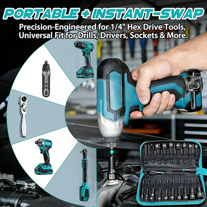 21-Piece Magnetic Nut Driver Set, Impact Drill Driver Bits with 1/4" Hex Shank, SAE & Metric Cr-V Steel Impact Nut Drivers, Quick-Release Bit Holder, and Storage Bag