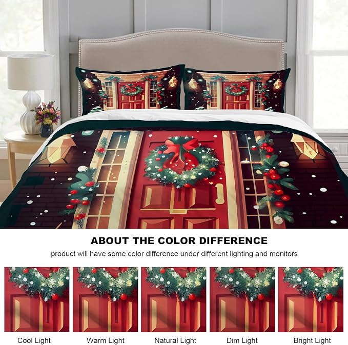 Batmerry Christmas Door King Size 100% Cotton Duvet Cover Sets, Wreath Snowflakes Bells Garland Lights Bedding Set with Zipper Closure Corner Ties, 3 Pieces (1 Cover + 2 Pillowcases No Comforter)