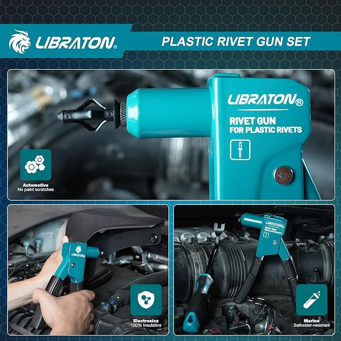LIBRATON Plastic Rivet Gun Kit, 90 Degree Angle Hand Riveter with 40 Nylon Rivets (4 Sizes), Universal Nosepiece for Automotive/Electronics, Ergonomic & 50% Lighter Force