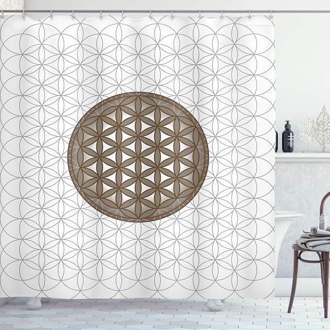 Ambesonne Geometry Shower Curtain, Interlace Circles of Time and Space Theme Vortex Natural Geometry Myth Form, Cloth Fabric Bathroom Decor Set with Hooks, 69" W x 84" L, Taupe White