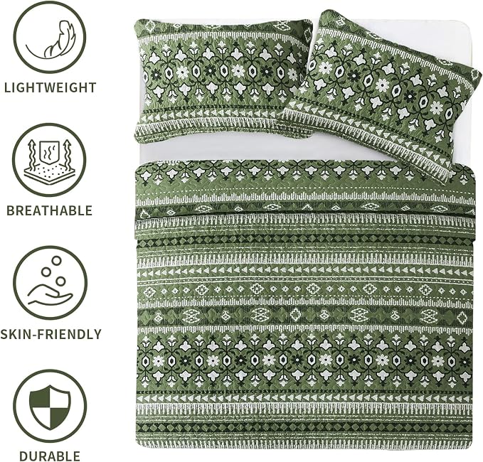 BEDIFANY Quilts Queen Size, Reversible Lightweight Bedspread with Boho Geometry Printed, Bed Spread Coverlet Sets for Bed Decoration, All-Season Queen Quilt Bedding Set (90 * 98 in), 3 Pieces - Green