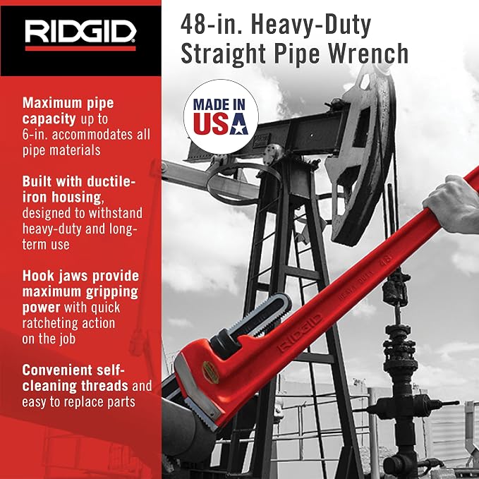 RIDGID 31040 Model 48 Heavy-Duty 48" Straight Pipe Wrench with 6" Pipe Capacity, Heavy-Duty Straight Plumbing Wrench with I-Beam Handle