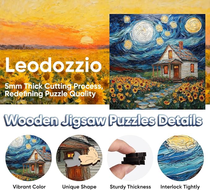 Leodozzio 1000Pcs Wooden Jigsaw Puzzle Starlight House WallDecor 19x19in | 5mm think safe wood,hand-painted unique shape pieces,Starlight House art Decor,relaxing brain teaser,Gift for Adults&Teens