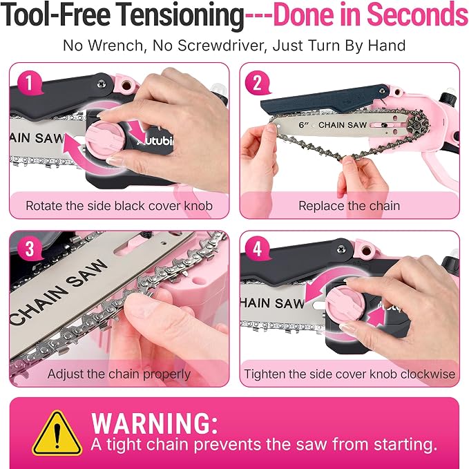 Pink 2-in-1 Cordless Pole Saw for Tree Trimming, 6-Inch Mini Chainsaw with Extension Pole, Battery Powered Pruning Saw for Small Branches, 2 x 4000mAh Batteries, Brushless Motor, Auto Oiler