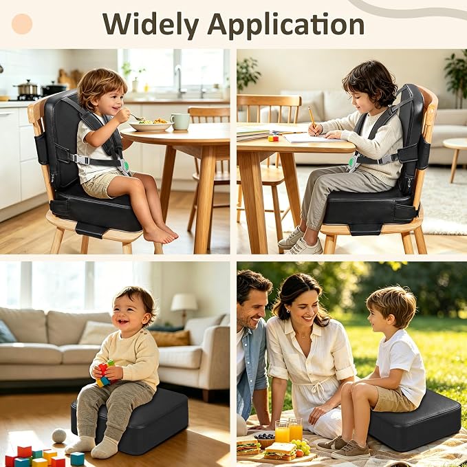 Toddler Booster Seat for Dining Table,Kitchen Chair Booster Cushion | Non-Slip Booster Seat with Backrest and 5 Piont Harness, PU Waterproof Travel Baby Booster Increasing Cushion