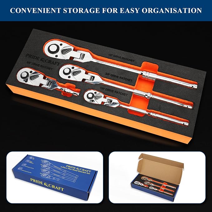 PRIDE&CRAFT 4-Piece Flex Head Ratchet Set, 1/4", 3/8", 1/2" Drive, 3/8" Stubby, 72-Tooth, Socket Wrench Quick Release Reversible Design, Swivel Head Ratchet, Chrome Alloy Made, EVA Organizer