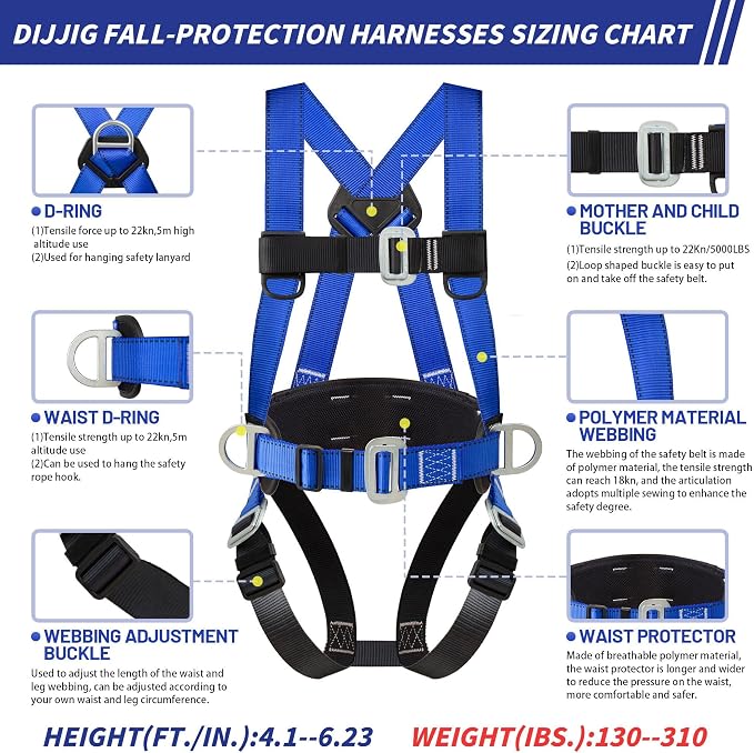 DIJJIG Full Body Safety Harness Kit OSHA/ANSI Compliant for Roofing | Includes internal shock-absorbing lanyard, orange harness for construction, durable and ready for fall protection
