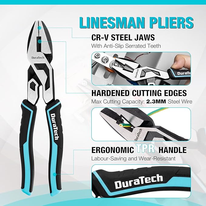 DURATECH 3-Piece Compound Pliers Set, Gen 2 Dual Pivot Design for Ultra Labor-Saving, High-Leverage 8.5" Needle Nose Pliers, 8" Diagonal Cutters, 8" Lineman's with Wire Cutter & TPR Grip, CR-V Steel