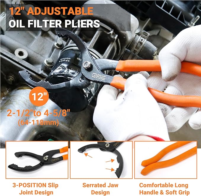 5-PC Swivel Oil Filter Wrench Set with Cover 2-3/4" to 5-1/4" and 2-1/2"to 4-5/8 (64-118mm) Adjustable Oil Filter Plier, Car Oil Filter Removal Tool, Durable & Easy Operation