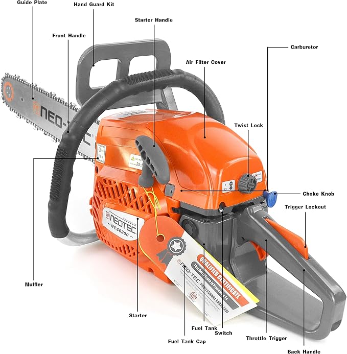NEO-TEC 62cc 20 Inch Gas Powered Chainsaw 2-Cycle Petrol 3.5HP Handheld Reliable Motosierra De Gasolina for Tree Pruning Wood Cutting Firewood Preparation and Yard Maintenance