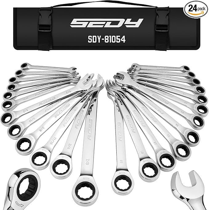 Premium 24-Piece Ratcheting Wrench Set, SAE & Metric Combination Wrenches, 8-19mm / 1/4"-7/8", 72-Tooth Ratchet Spanners, Chrome Vanadium Steel with Roll-Up Pouch for Mechanics